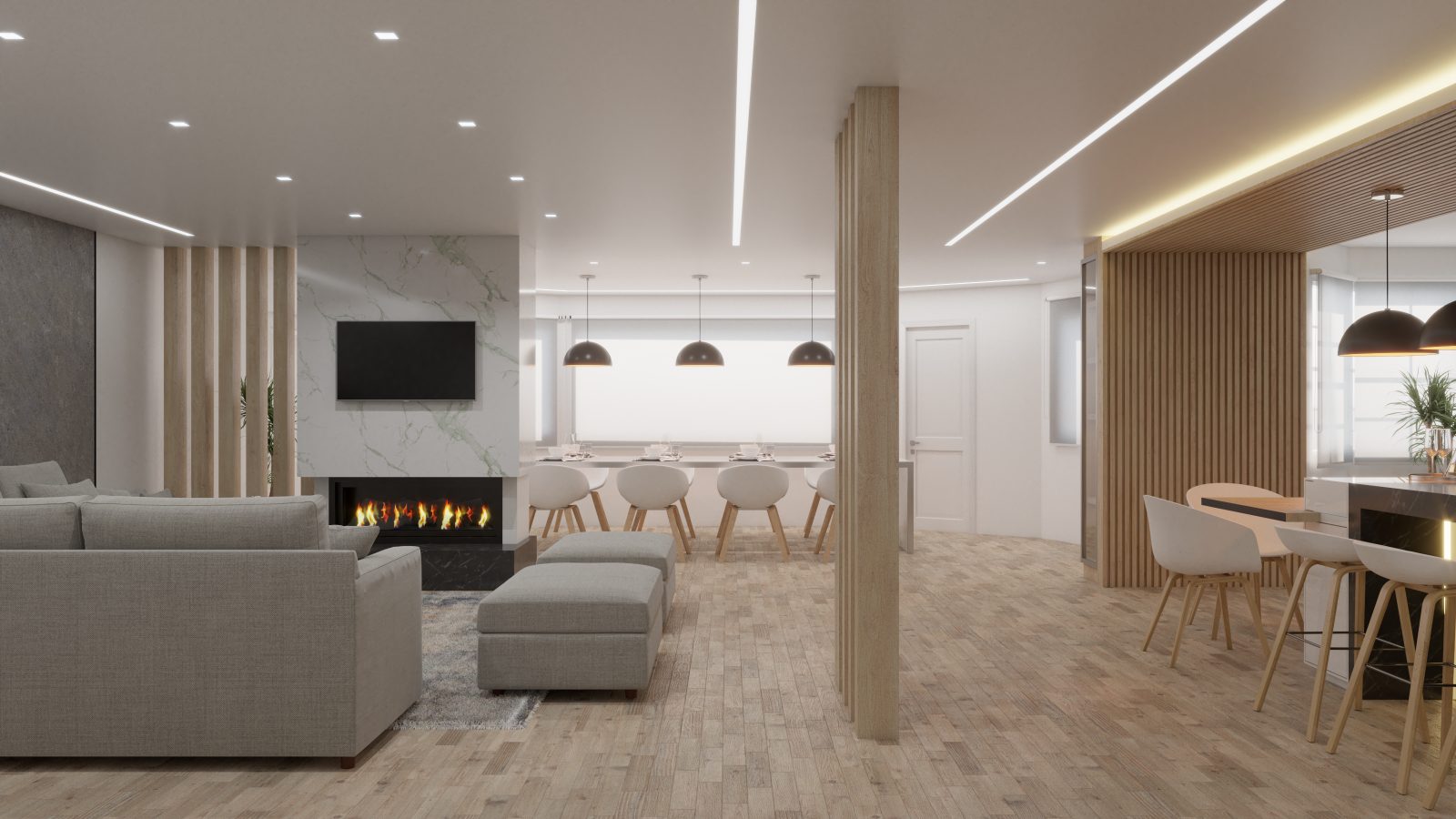 Photorealistic 3D render of an open-plan living and kitchen — Cimarron, Katy TX